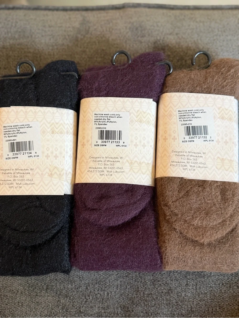 Muk Luks Fuzzy Knee-High Socks Trio — Black, Plum, Brown
